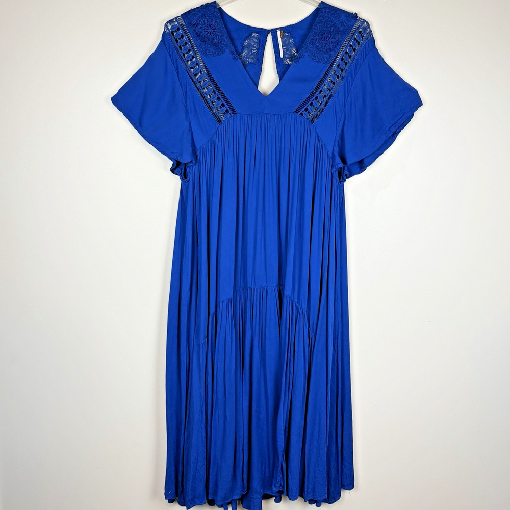 Free People Tiered Maxi Dress Size XS Blue Crochet Lace Inserts Boho Romantic